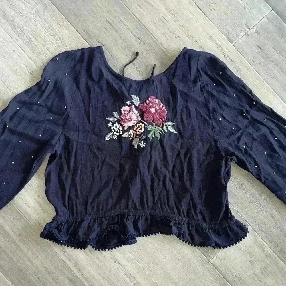 Boutique Embroidered Cropped Blouses with Open Tie Back